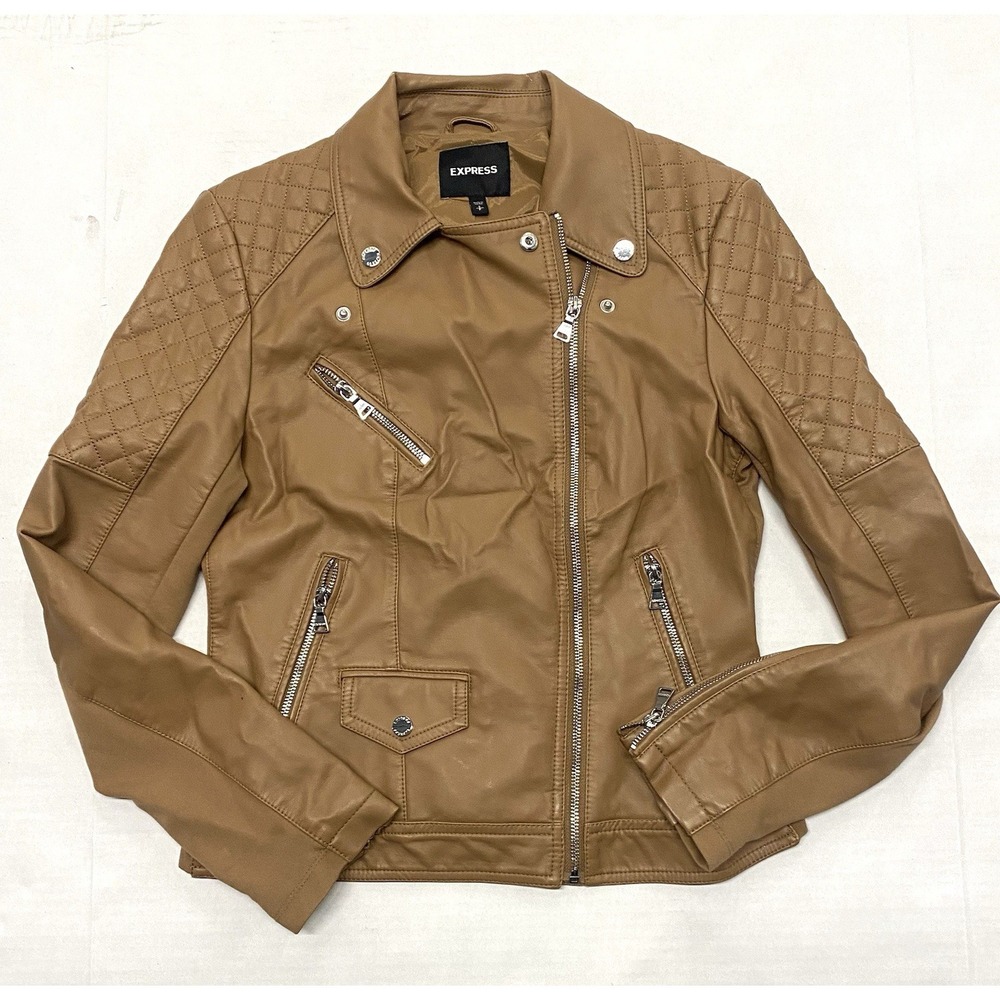 Express Beige Faux Leather Jacket Small Silver Zip Button Accents